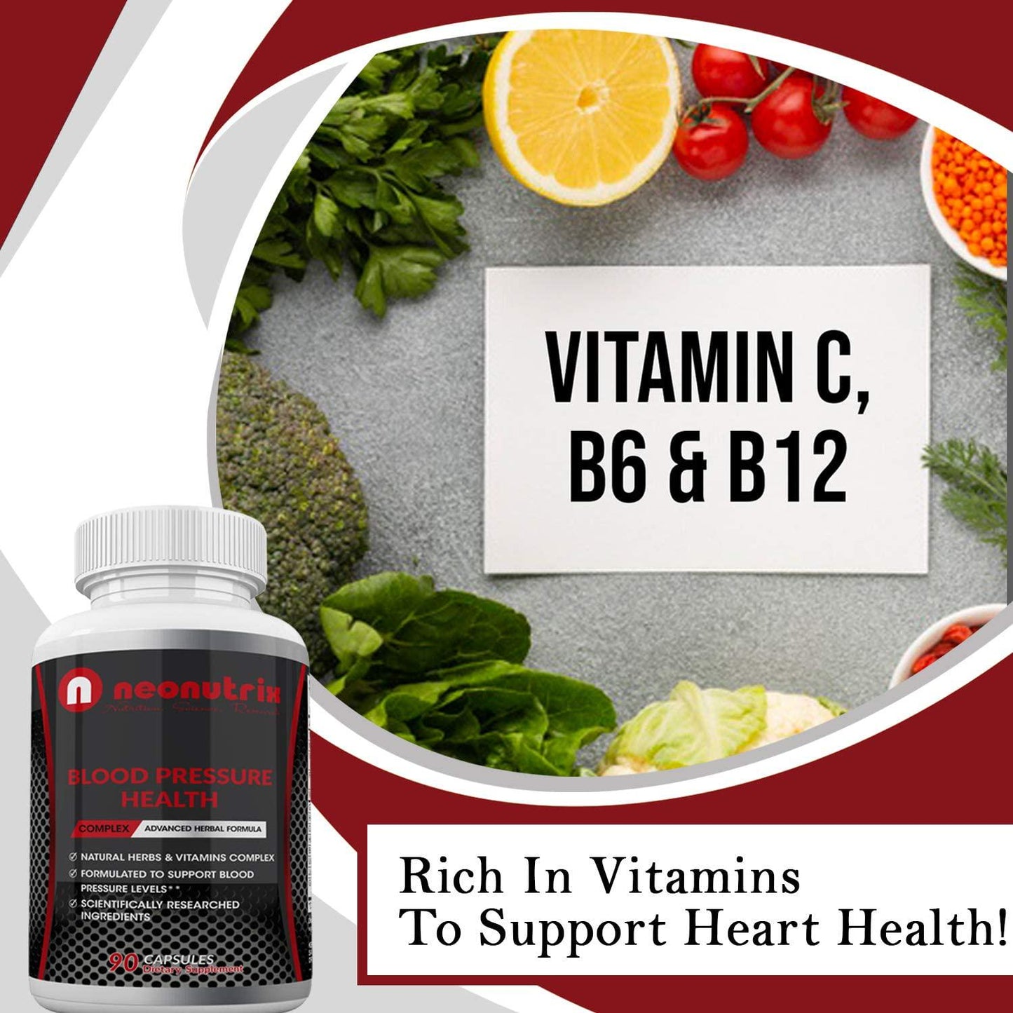 Blood Pressure Supplement to Support Circulation, Cardiovascular Health and Blood Pressure Naturally Advanced Herb and Vitamin Complex with Niacin, Hawthorn Extract and Hibiscus 90 Capsules by Neonutrix
