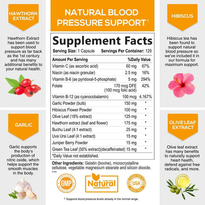 Blood Pressure Supplement Highest Potency Cardiovascular Support 690mg - Heart Health Vitamins - Made in USA - Best Vegan Naturally Lowering BP Pill with Garlic, Hawthorn and Hibiscus - 120 Capsules