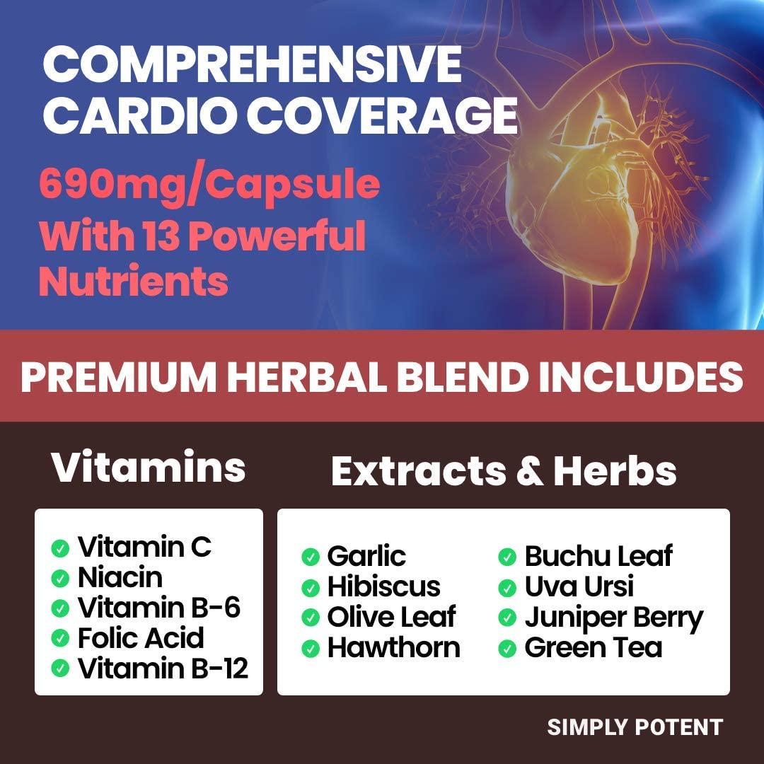 Blood Pressure Support Supplement, 90 Natural High Blood Pressure Capsules w/13 Vitamins and Herbs Including B12, Hawthorn, Olive Leaf, Garlic and Hibiscus for BP Hypertension, Heart and Circulatory Health