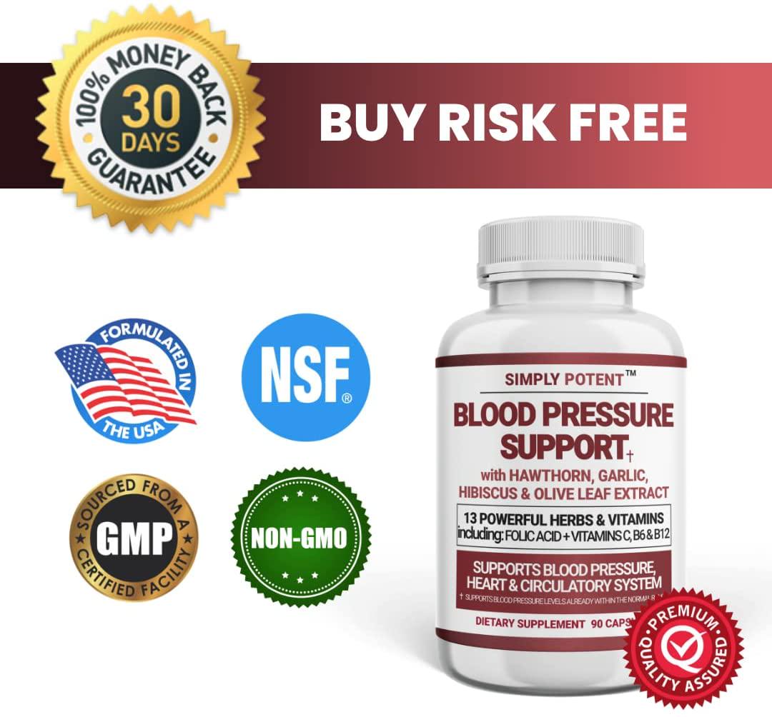 Blood Pressure Support Supplement, 90 Natural High Blood Pressure Capsules w/13 Vitamins and Herbs Including B12, Hawthorn, Olive Leaf, Garlic and Hibiscus for BP Hypertension, Heart and Circulatory Health