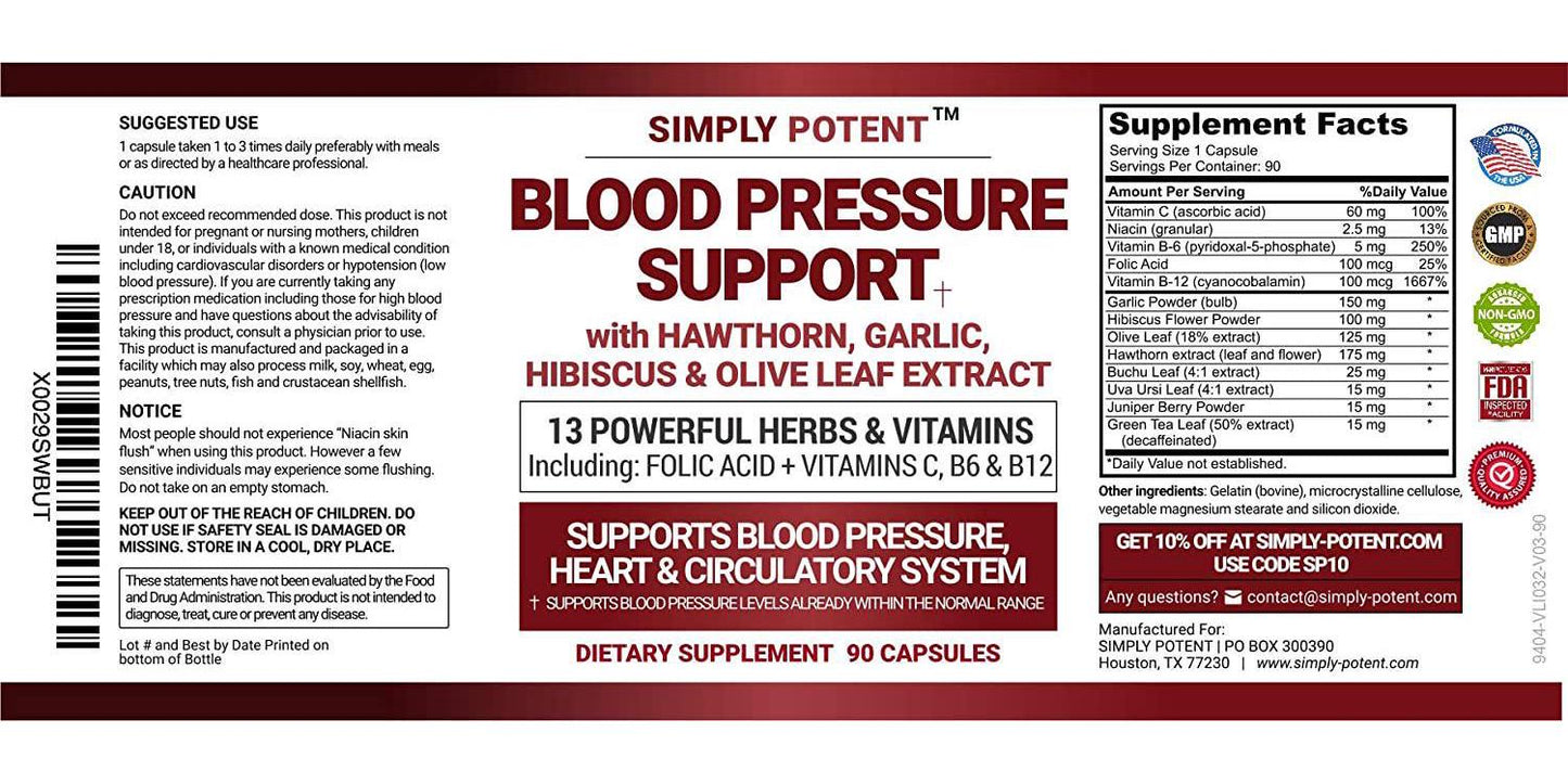 Blood Pressure Support Supplement, 90 Natural High Blood Pressure Capsules w/13 Vitamins and Herbs Including B12, Hawthorn, Olive Leaf, Garlic and Hibiscus for BP Hypertension, Heart and Circulatory Health