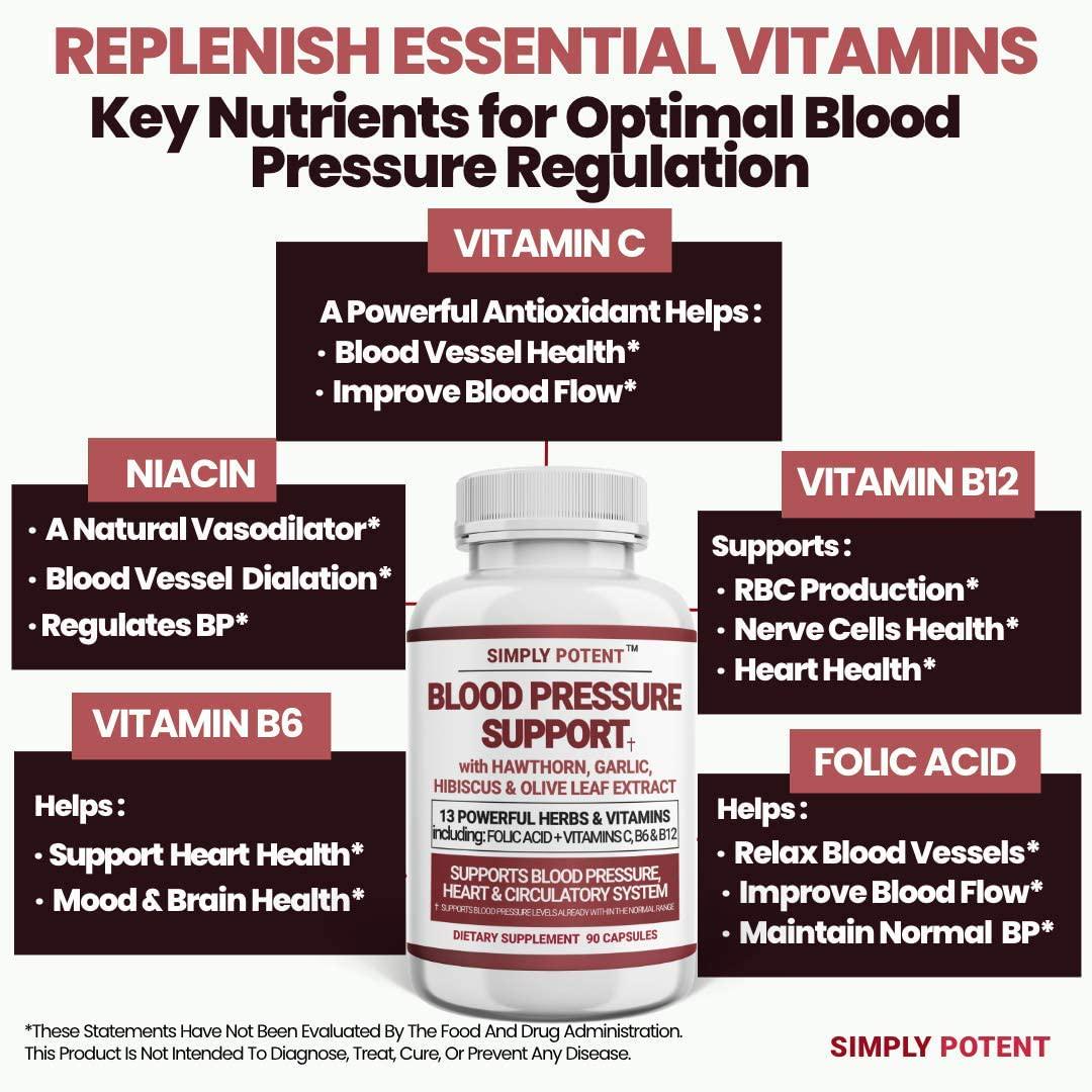 Blood Pressure Support Supplement, 90 Natural High Blood Pressure Capsules w/13 Vitamins and Herbs Including B12, Hawthorn, Olive Leaf, Garlic and Hibiscus for BP Hypertension, Heart and Circulatory Health