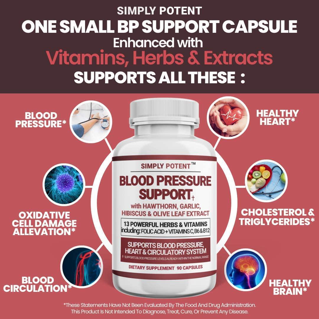 Blood Pressure Support Supplement, 90 Natural High Blood Pressure Capsules w/13 Vitamins and Herbs Including B12, Hawthorn, Olive Leaf, Garlic and Hibiscus for BP Hypertension, Heart and Circulatory Health