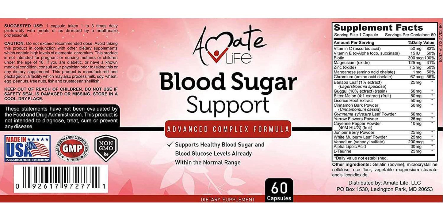 Blood Sugar Support Supplement with Biotin, Cassia Cinnamon, Vitamin C and Vitamin E - Sugar, Glucose, Insulin and Cholesterol Control Pills Supplement - 60 Capsules by Amate Life