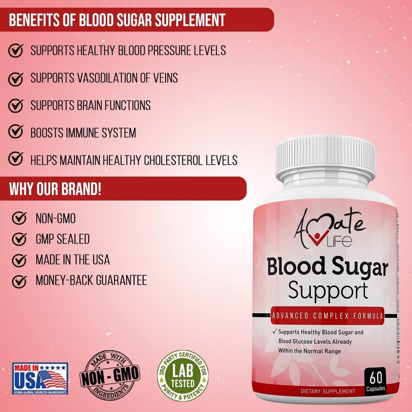 Blood Sugar Support Supplement with Biotin, Cassia Cinnamon, Vitamin C and Vitamin E - Sugar, Glucose, Insulin and Cholesterol Control Pills Supplement - 60 Capsules by Amate Life