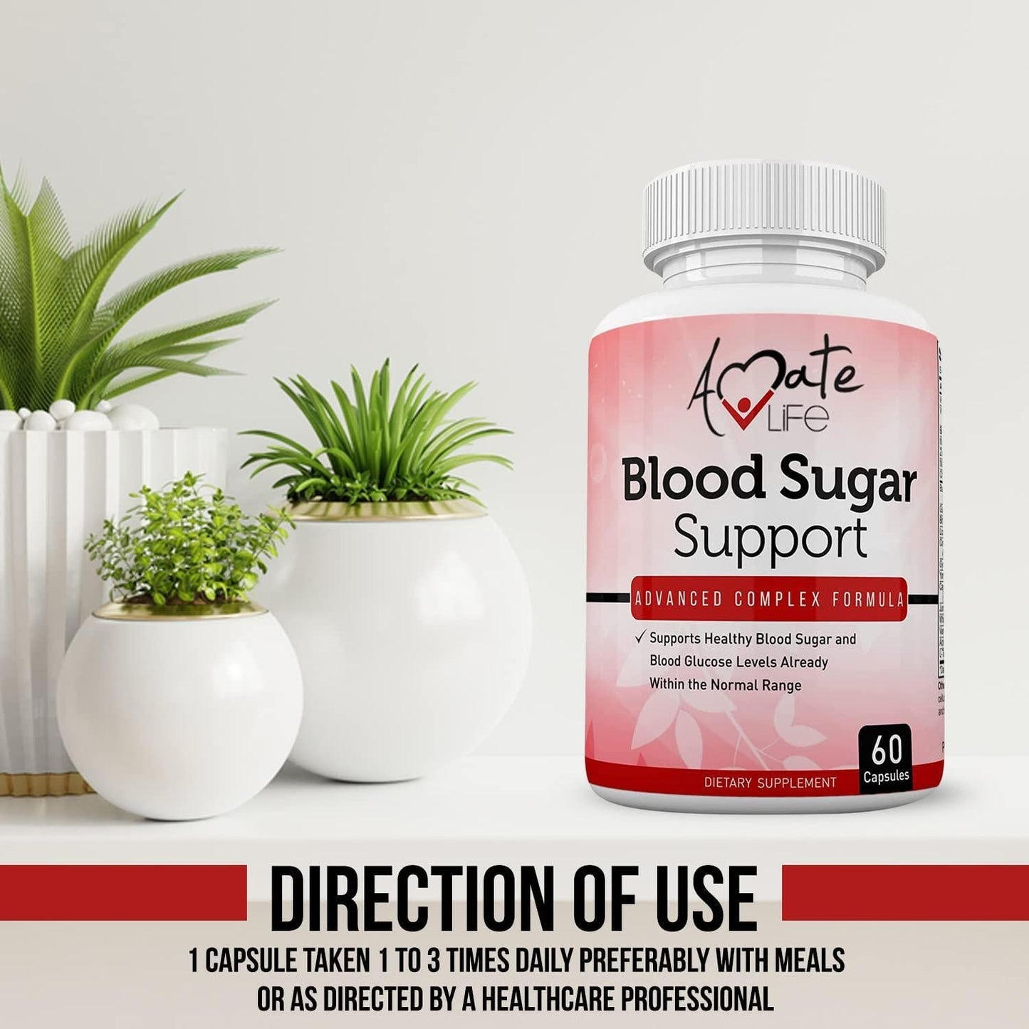 Blood Sugar Support Supplement with Biotin, Cassia Cinnamon, Vitamin C and Vitamin E - Sugar, Glucose, Insulin and Cholesterol Control Pills Supplement - 60 Capsules by Amate Life