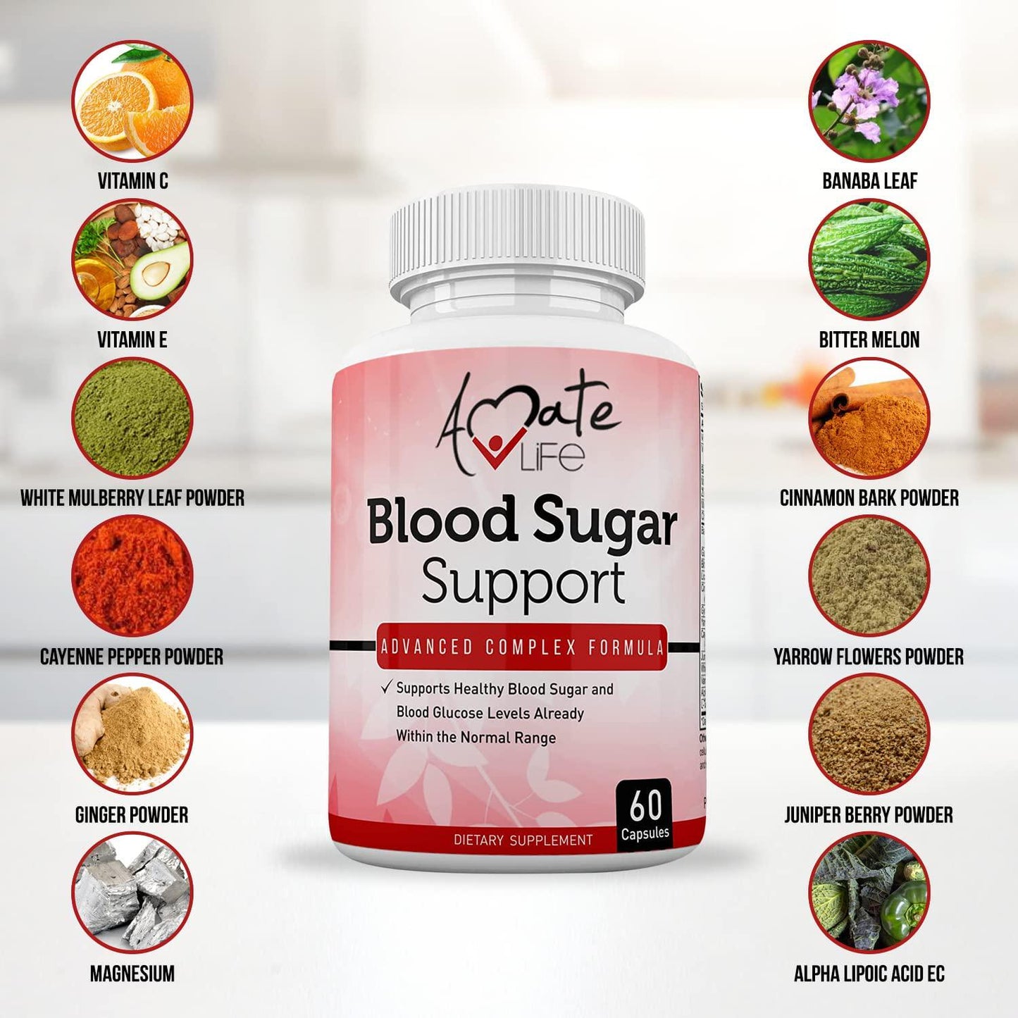 Blood Sugar Support Supplement with Biotin, Cassia Cinnamon, Vitamin C and Vitamin E - Sugar, Glucose, Insulin and Cholesterol Control Pills Supplement - 60 Capsules by Amate Life