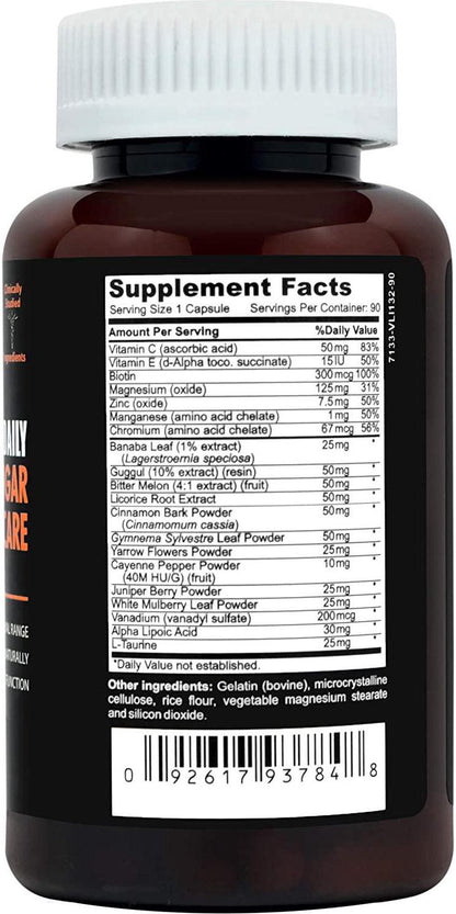 Blood Sugar Support and Glucose Metabolism Diabetes Supplement. Vitamins C B E, Magnesium, Zinc, Biotin, Alpha Lipoic Acid, Cayenne Pepper, Juniper Berries. 90 Bitter Melon Capsules. Clinical Daily