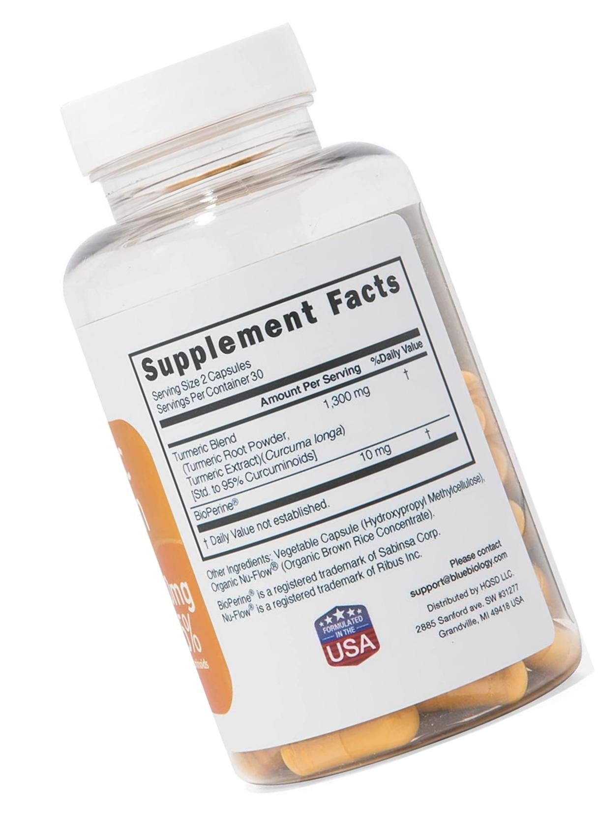 BlueBiology Turmeric Curcumin with Bioperine Extract (Enhanced Absorption) - 95% Curcuminoids - Highest Potency - Gluten Free - Vegan Joint Pain Relief - 60 Capsules