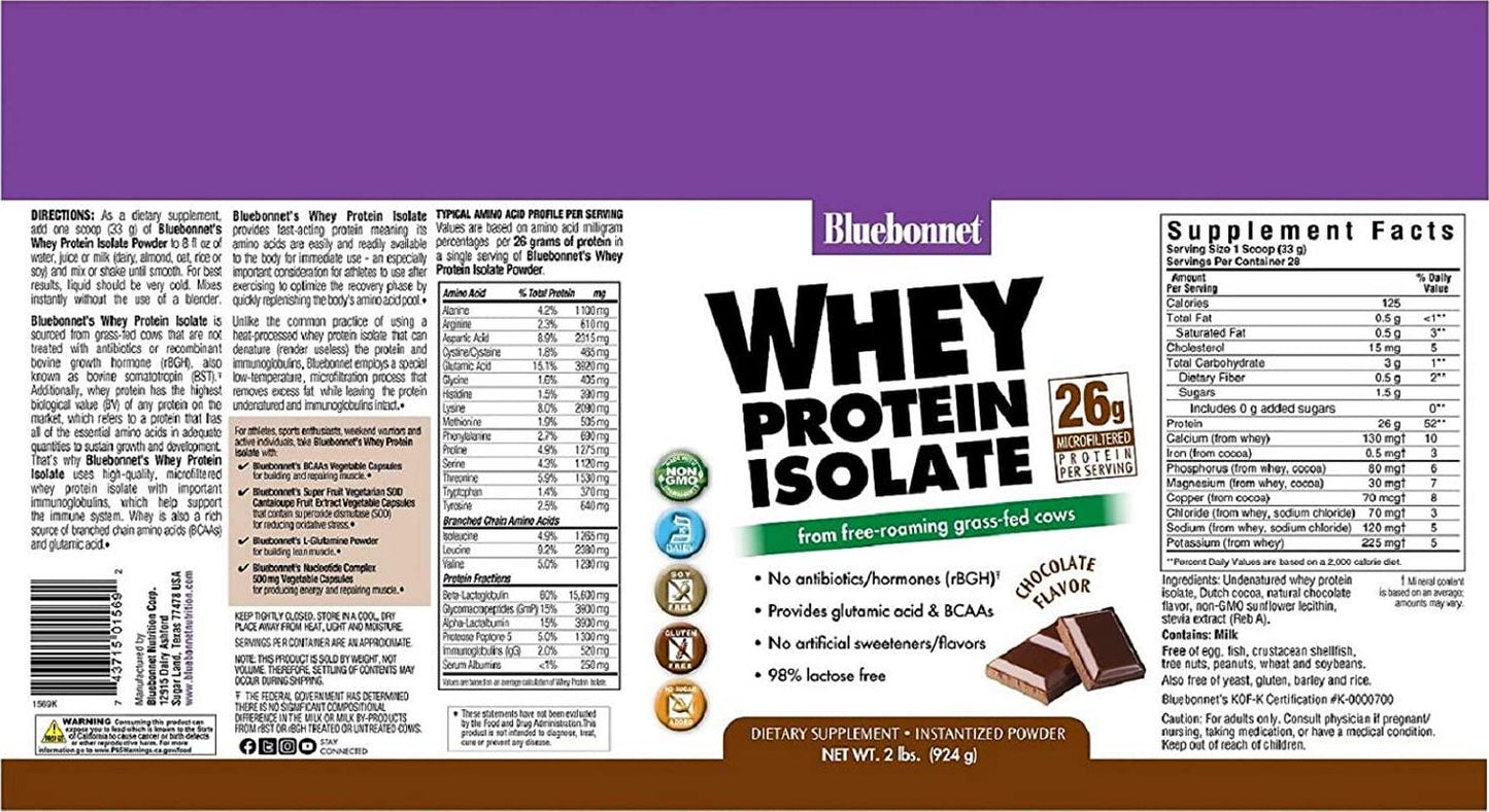 BlueBonnet 100% Natural Whey Protein Isolate Powder, Chocolate, 2 Pound