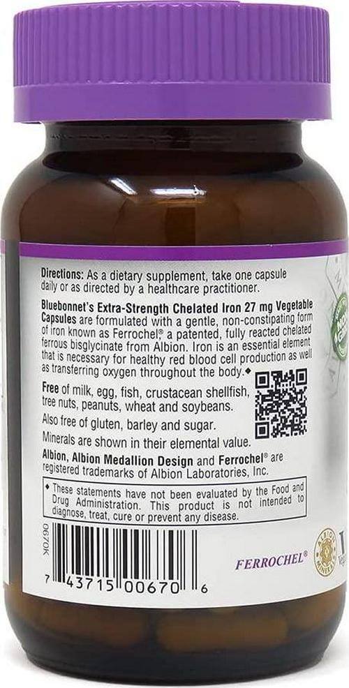 BlueBonnet Albion Extra Strength Chelated Iron Vegetarian Capsules, 90 Count