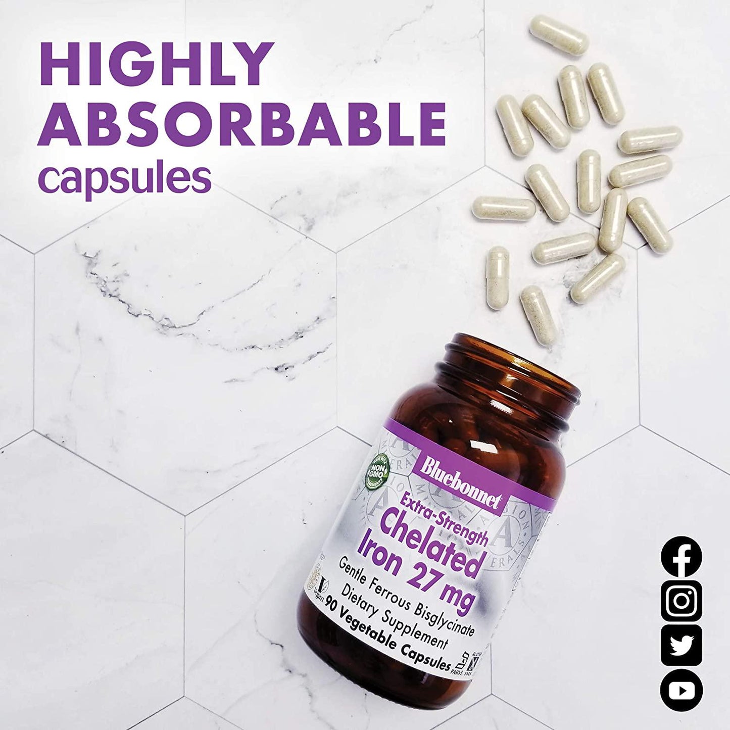 BlueBonnet Albion Extra Strength Chelated Iron Vegetarian Capsules, 90 Count