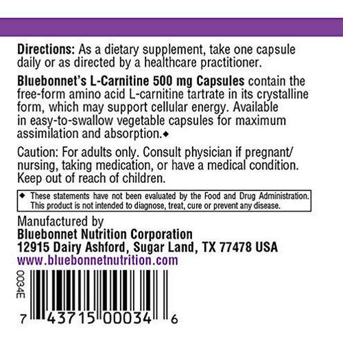 BlueBonnet L-Carnitine 500 mg Vitamin Capsules, White, 60 Count