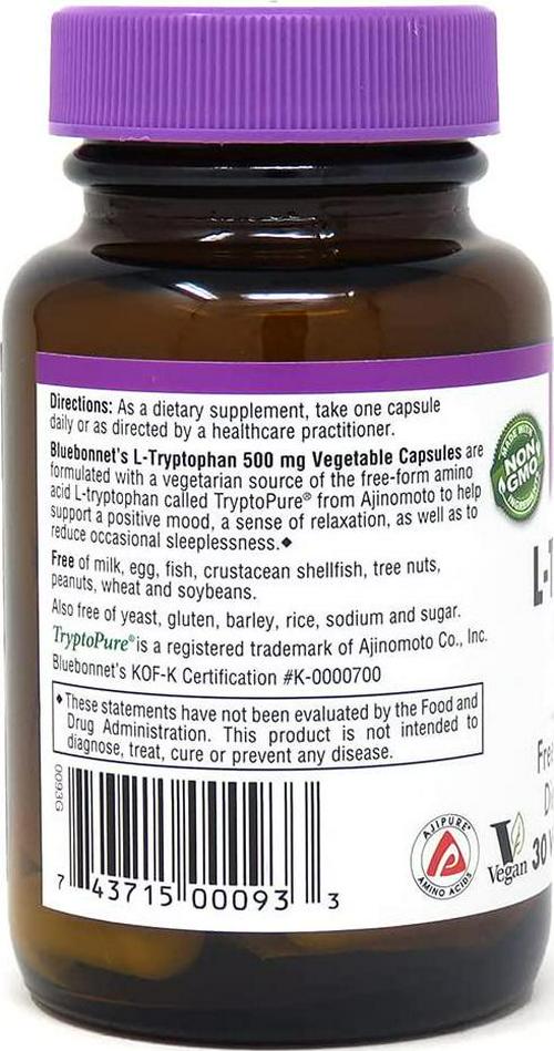 BlueBonnet L-Tryptophan 500 mg Vitamin Capsules, 30 Count