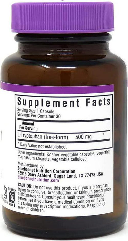 BlueBonnet L-Tryptophan 500 mg Vitamin Capsules, 30 Count