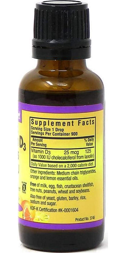 BlueBonnet Liquid Vitamin D3 Drops 1000 IU, Citrus, Transparent, Scented, 1 Fl Oz