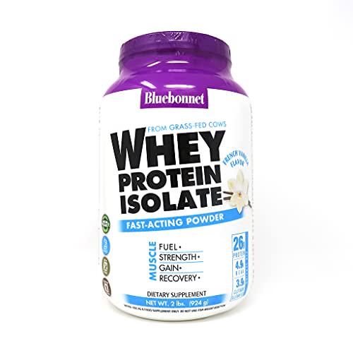 BlueBonnet Nutrition Whey Protein Isolate Powder From Grass Fed Cows, 26g of Protein, No Sugar Added, Non GMO, Gluten and Soy free, kosher Dairy, 2 Lbs, 28 Servings, French Vanilla Flavor