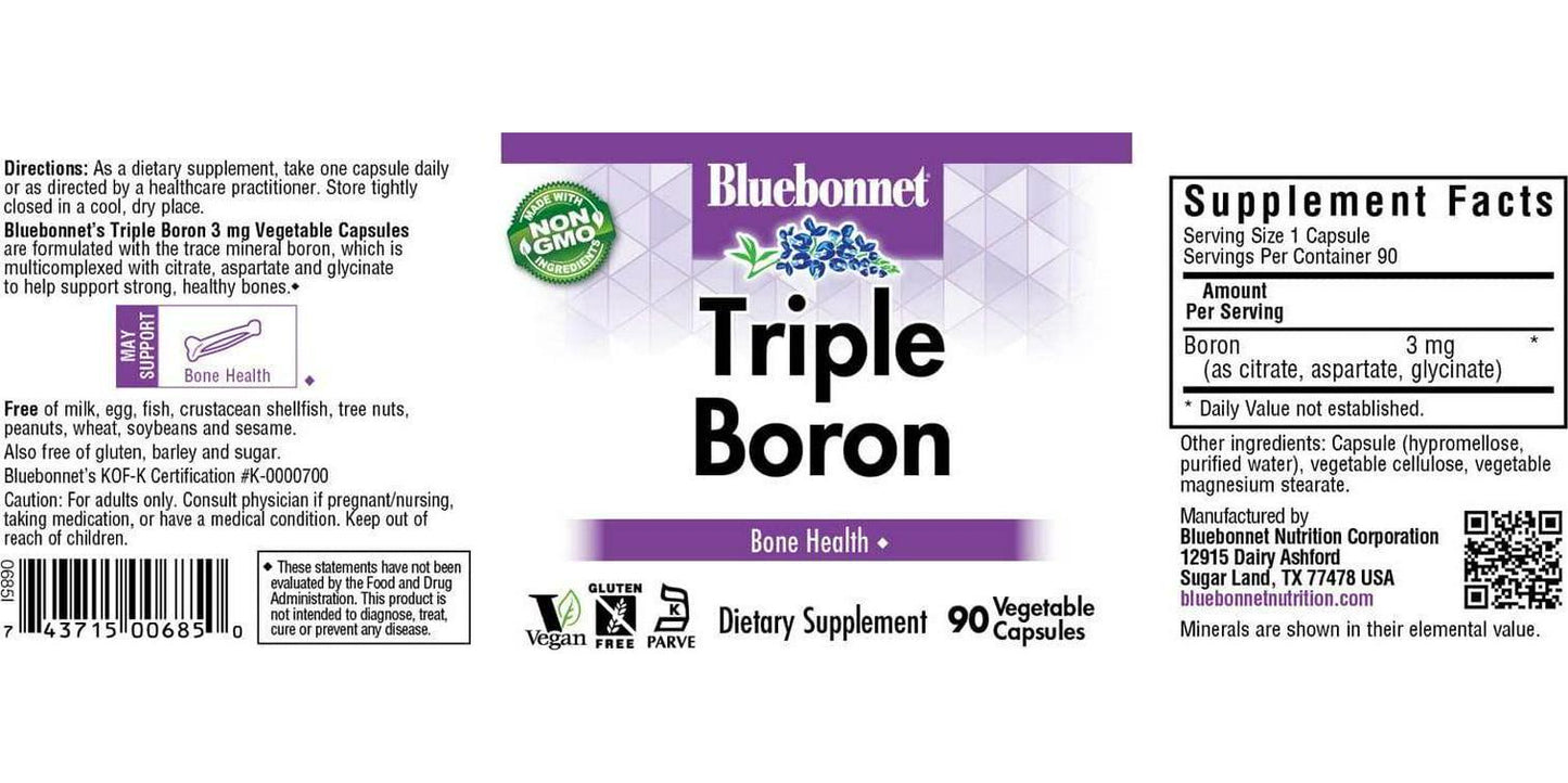 BlueBonnet Triple Boron Vegetarian Capsules, 3 mg, 90 Count