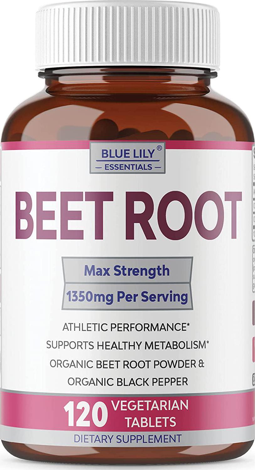 Blue Lily Organic Beet Root Powder (120 Tablets) Ultrabeets 1350 mg with Black Pepper. Nitric Oxide for Performance, Helps Lower Blood Pressure, Supports Heart Health, Athletic Performance No Capsules