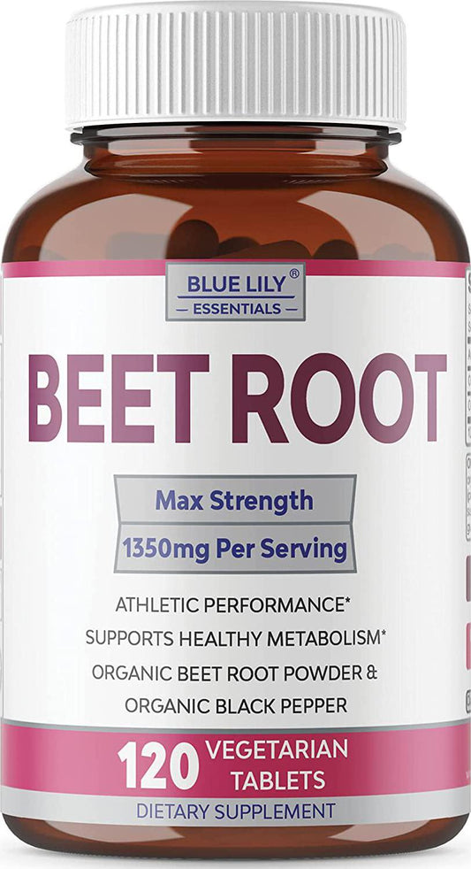 Blue Lily Organic Beet Root Powder (120 Tablets) Ultrabeets 1350 mg with Black Pepper. Nitric Oxide for Performance, Helps Lower Blood Pressure, Supports Heart Health, Athletic Performance No Capsules