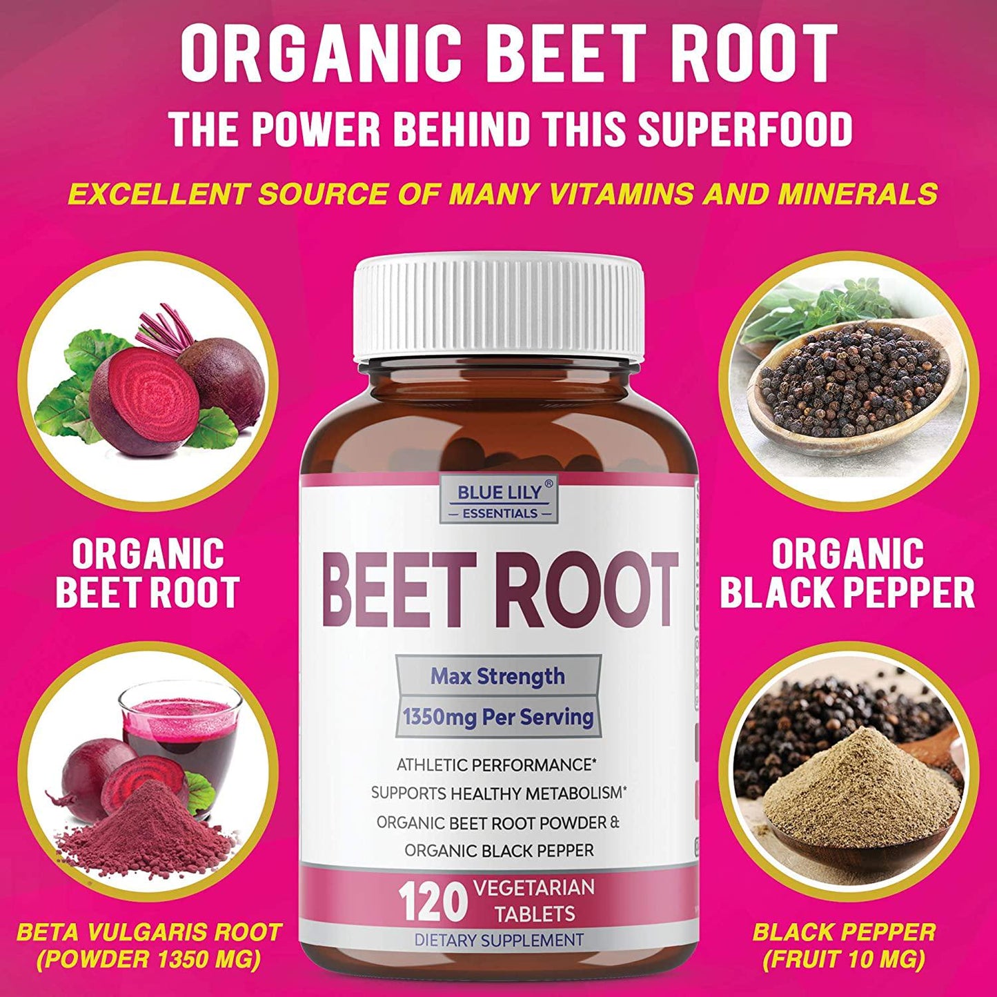 Blue Lily Organic Beet Root Powder (120 Tablets) Ultrabeets 1350 mg with Black Pepper. Nitric Oxide for Performance, Helps Lower Blood Pressure, Supports Heart Health, Athletic Performance No Capsules