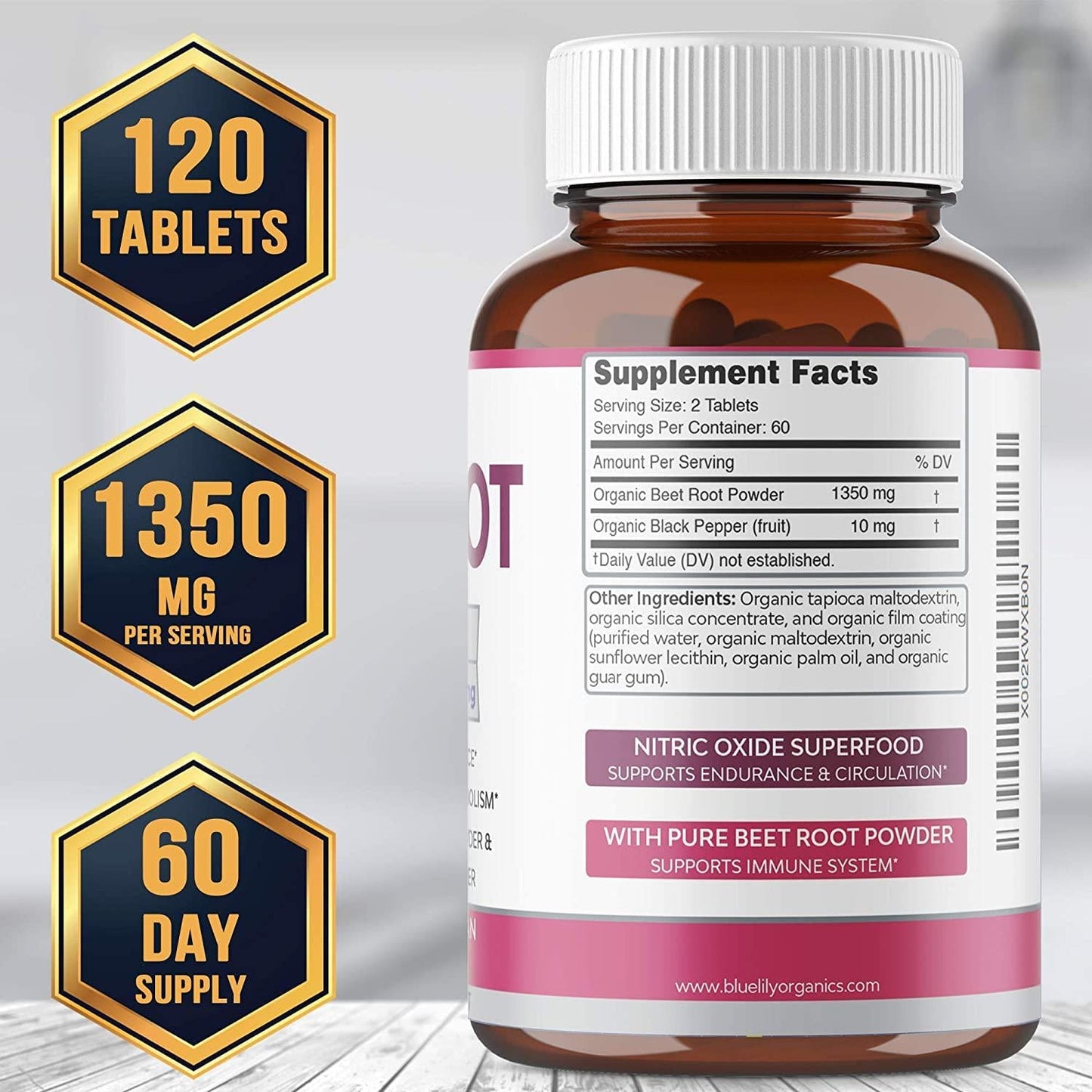 Blue Lily Organic Beet Root Powder (120 Tablets) Ultrabeets 1350 mg with Black Pepper. Nitric Oxide for Performance, Helps Lower Blood Pressure, Supports Heart Health, Athletic Performance No Capsules