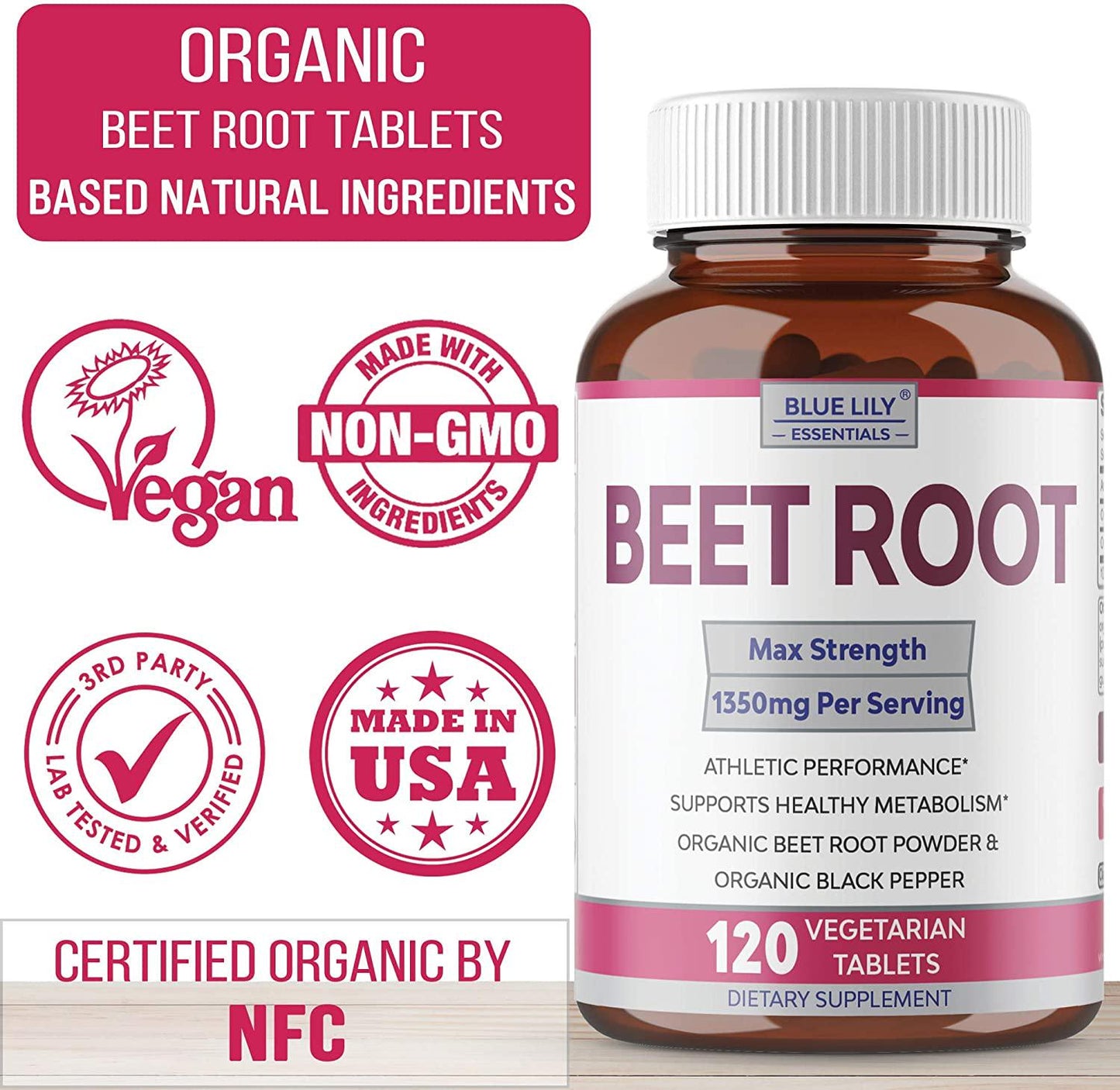 Blue Lily Organic Beet Root Powder (120 Tablets) Ultrabeets 1350 mg with Black Pepper. Nitric Oxide for Performance, Helps Lower Blood Pressure, Supports Heart Health, Athletic Performance No Capsules