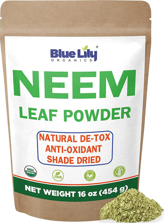 Blue Lily Organics Neem Leaf Powder (Azadirachta indica) 16 oz, 100% Pure, Certified Organic for Hair and Skin