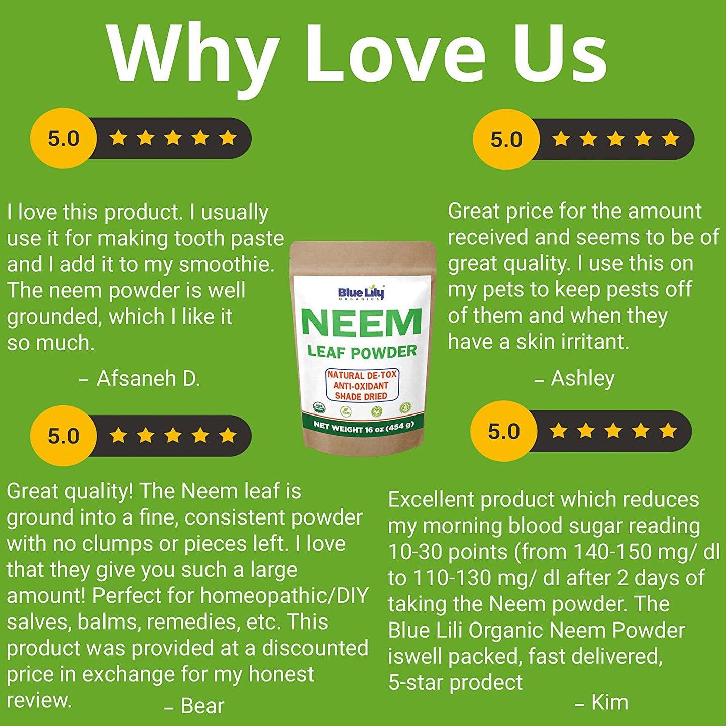 Blue Lily Organics Neem Leaf Powder (Azadirachta indica) 16 oz, 100% Pure, Certified Organic for Hair and Skin