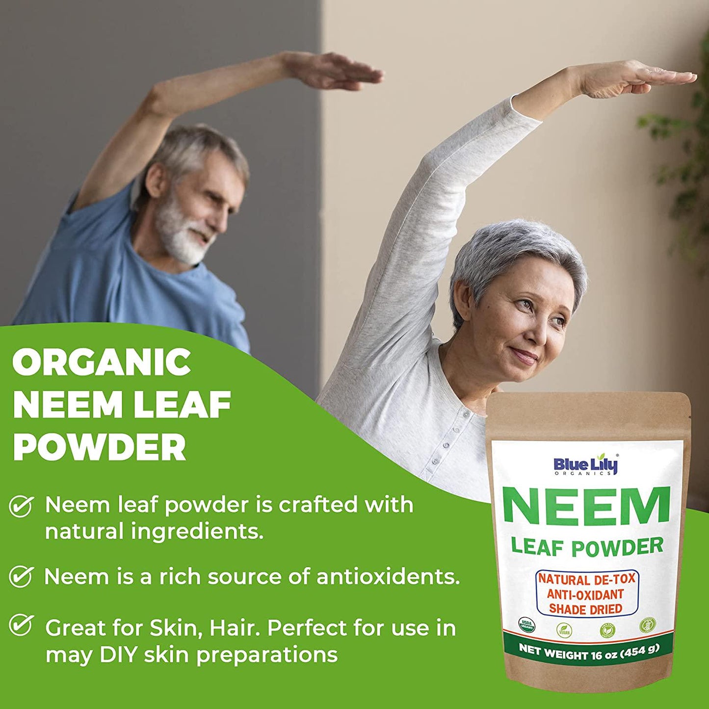 Blue Lily Organics Neem Leaf Powder (Azadirachta indica) 16 oz, 100% Pure, Certified Organic for Hair and Skin