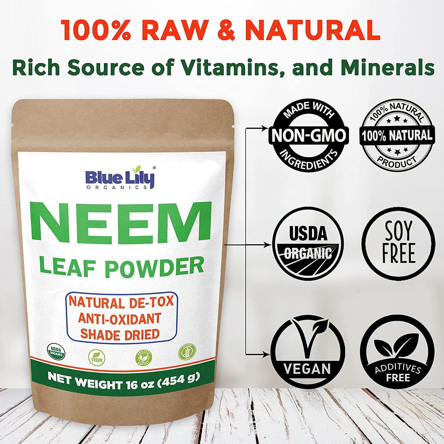 Blue Lily Organics Neem Leaf Powder (Azadirachta indica) 16 oz, 100% Pure, Certified Organic for Hair and Skin