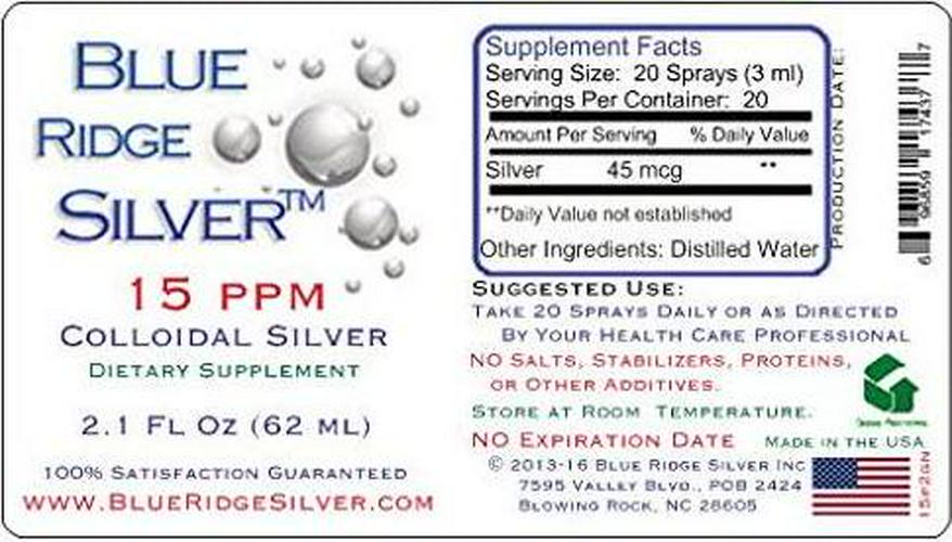 Blue Ridge Silver 15 ppm, 2 oz. Colloidal Silver Vertical Spray