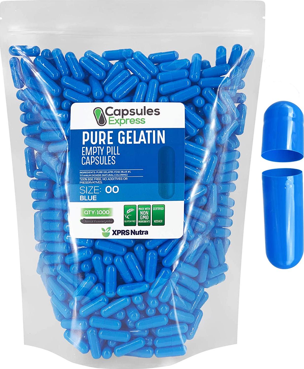 Blue Size 00 Empty Gelatin Gelcaps Capsules - Halal and Kosher Certified by Capsules Express (1000)