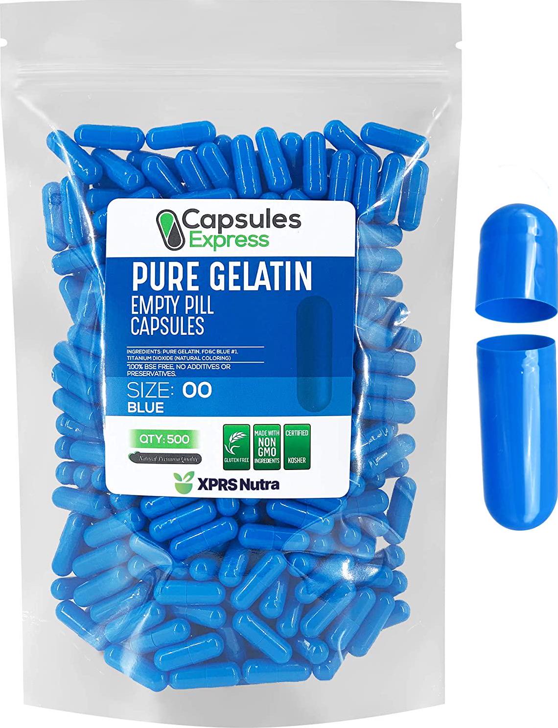 Blue Size 00 Empty Gelatin Gelcaps Capsules - Halal and Kosher Certified by Capsules Express (500)