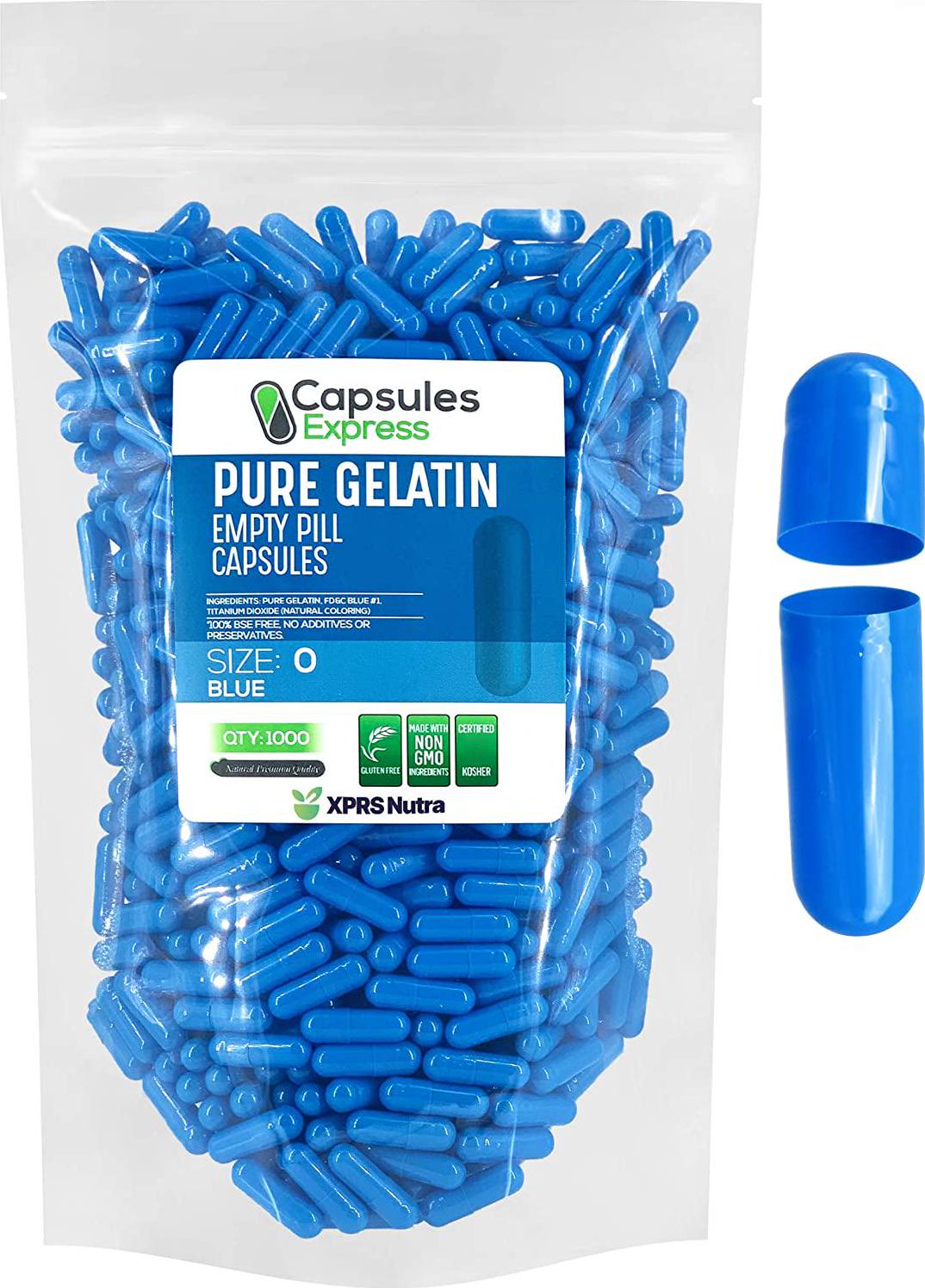 Blue Size 0 Empty Gelatin Gelcaps Capsules - Halal and Kosher Certified by Capsules Express (1000)