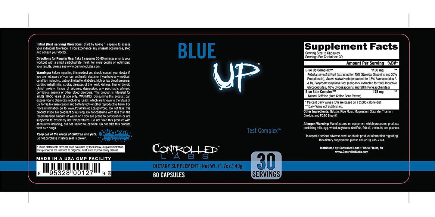 Blue Up Testosterone Booster by Controlled Labs, Tribulus Terrestris, Avena Sativa, Eurycoma Longifolia, Natural Caffeine, Strength Enhancing Supplement - 30 Servings