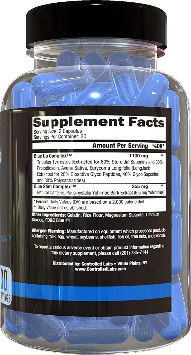 Blue Up Testosterone Booster by Controlled Labs, Tribulus Terrestris, Avena Sativa, Eurycoma Longifolia, Natural Caffeine, Strength Enhancing Supplement - 30 Servings