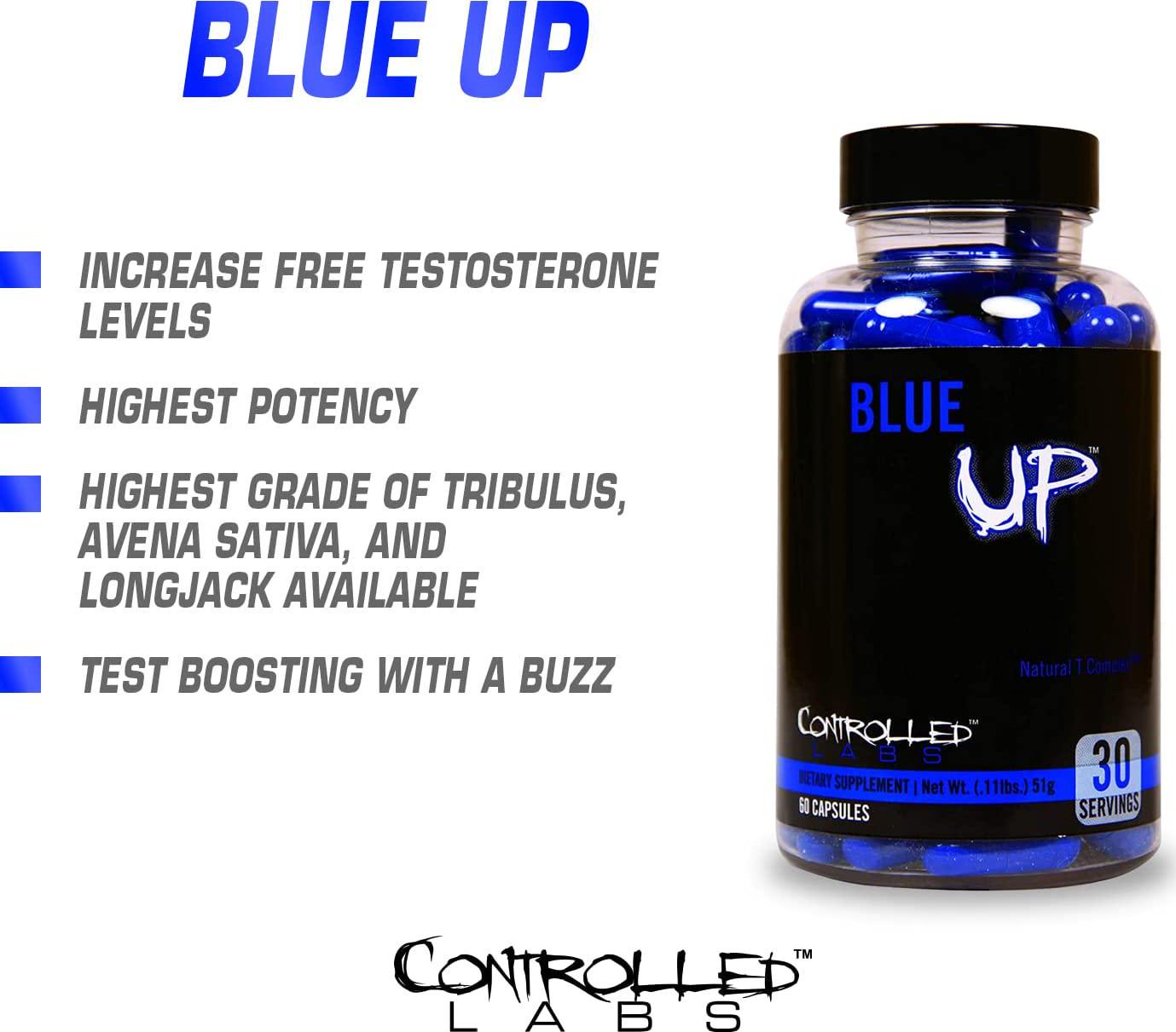Blue Up Testosterone Booster by Controlled Labs, Tribulus Terrestris, Avena Sativa, Eurycoma Longifolia, Natural Caffeine, Strength Enhancing Supplement - 30 Servings