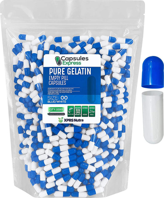 Blue and White Size 00 Empty Gelatin Gelcaps Capsules - Halal and Kosher Certified by Capsules Express (1000)