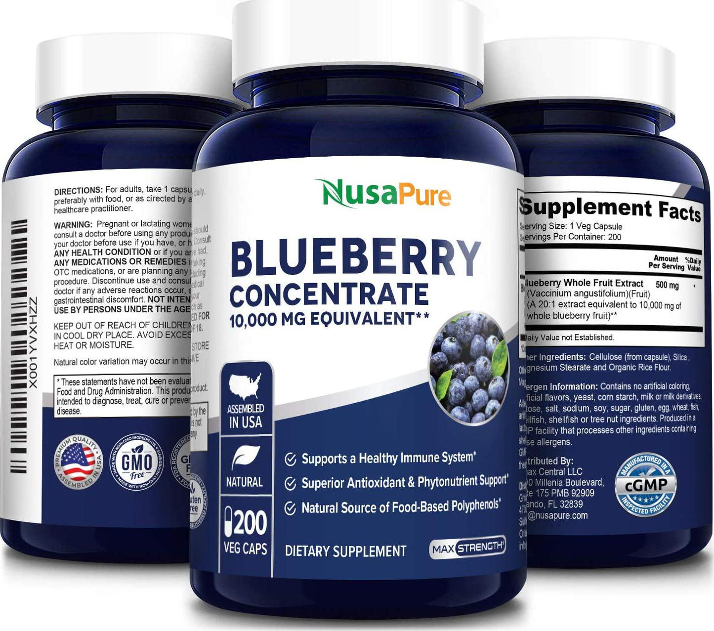 Blueberry Concentrate 5000mg 200 Veggie Powder caps (Extract 10:1, 100% Vegetarian, Non-GMO and Gluten Free) - Made from Organic Berries - Packed with Antioxidants