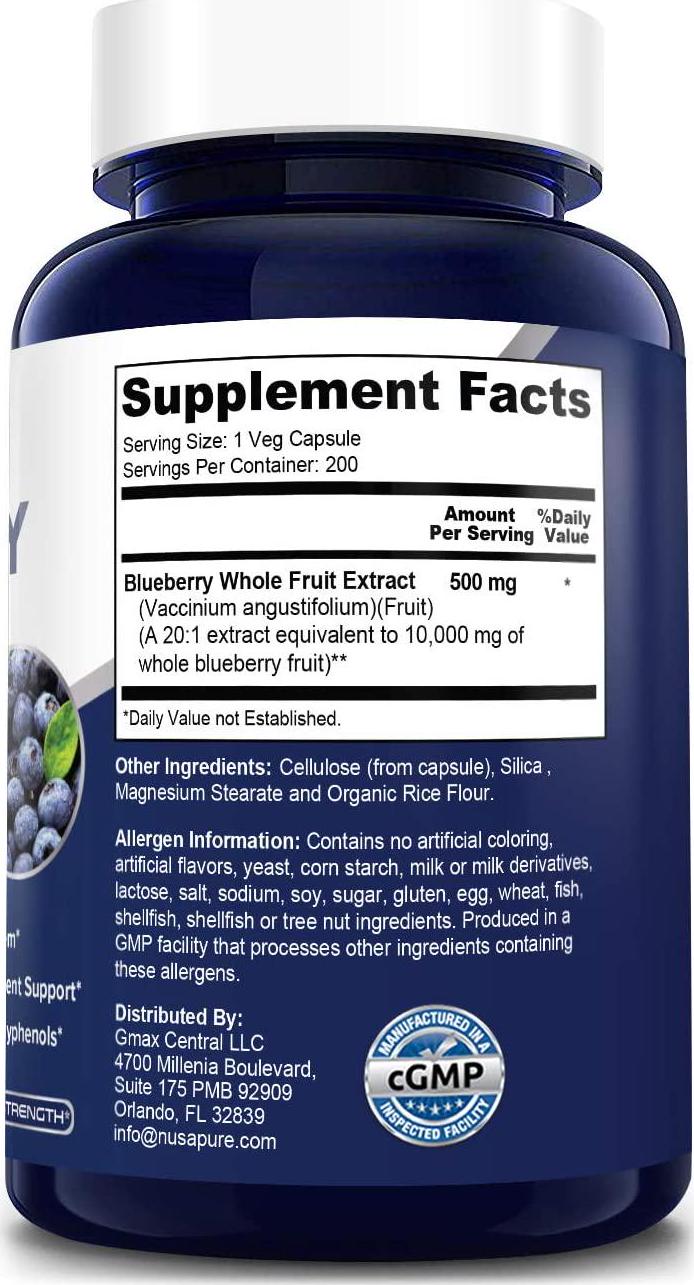 Blueberry Concentrate 5000mg 200 Veggie Powder caps (Extract 10:1, 100% Vegetarian, Non-GMO and Gluten Free) - Made from Organic Berries - Packed with Antioxidants