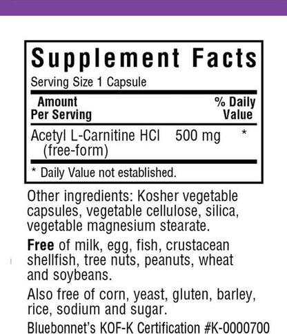 Bluebonnet Acetyl L-Carnitine 500 mg Vitamin Capsules, 30 Count