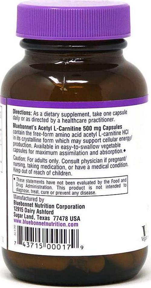 Bluebonnet Acetyl L-Carnitine 500 mg Vitamin Capsules, 30 Count