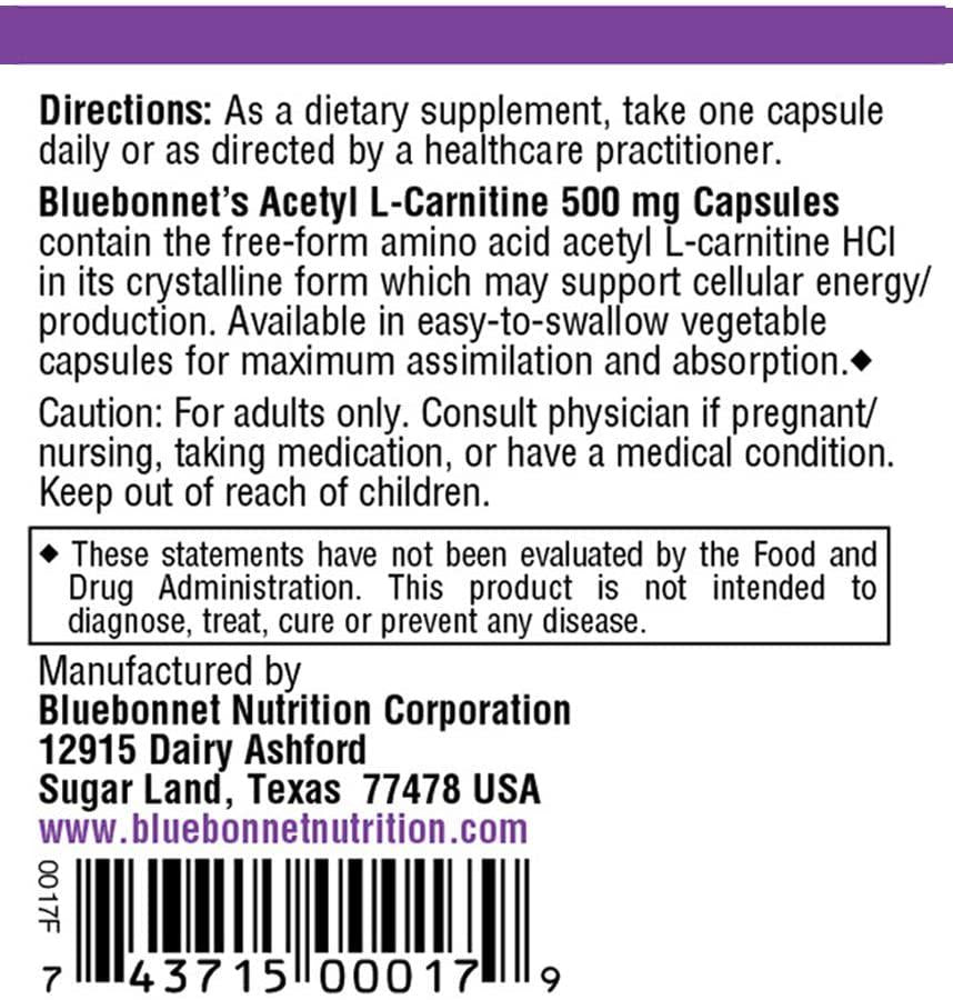 Bluebonnet Acetyl L-Carnitine 500 mg Vitamin Capsules, 30 Count