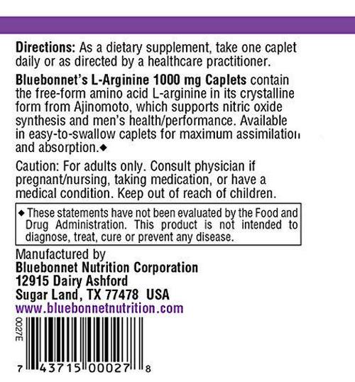 Bluebonnet LArginine 1000 Mg Vitamin Capsules, 100 Count