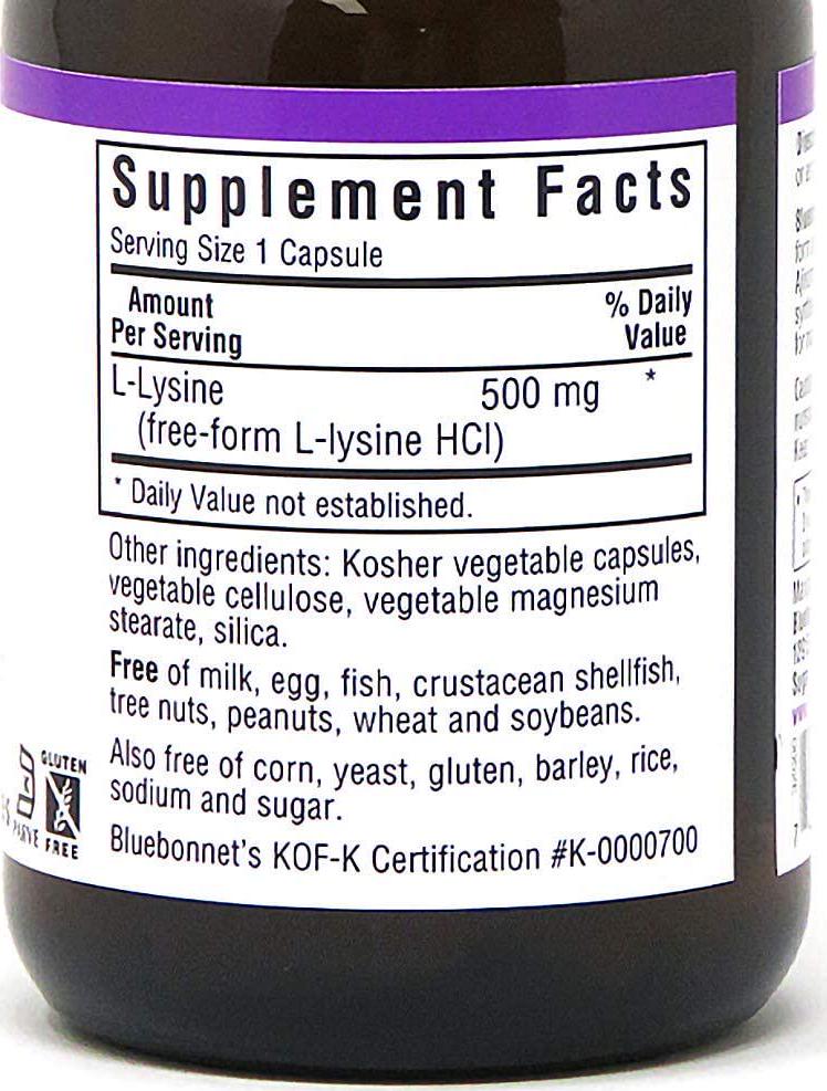 Bluebonnet L-Lysine 500 mg Vitamin Capsules, 50 Count