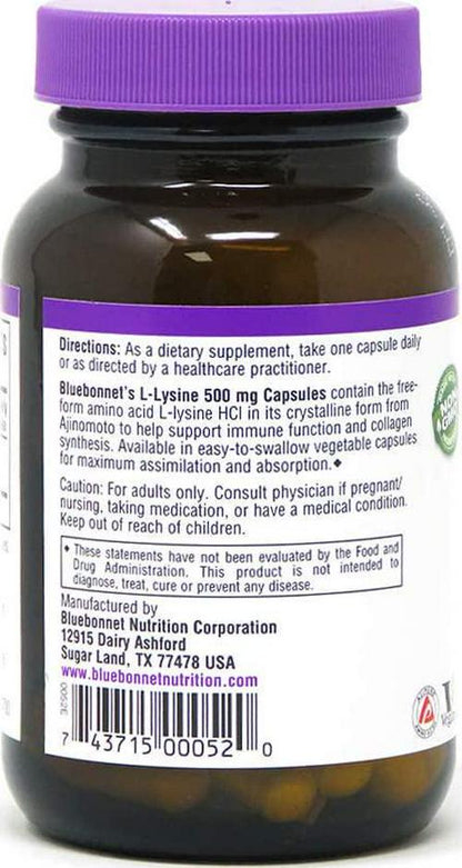 Bluebonnet L-Lysine 500 mg Vitamin Capsules, 50 Count