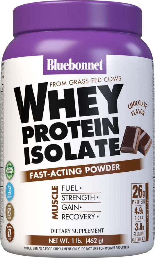 Bluebonnet Nutrition Whey Protein Isolate Powder, Whey From Grass Fed Cows, 26g of Protein, No Sugar Added, Non GMO, Gluten Free, Soy free, kosher Dairy, 1 Lb, 14 Servings, Chocolate Flavor