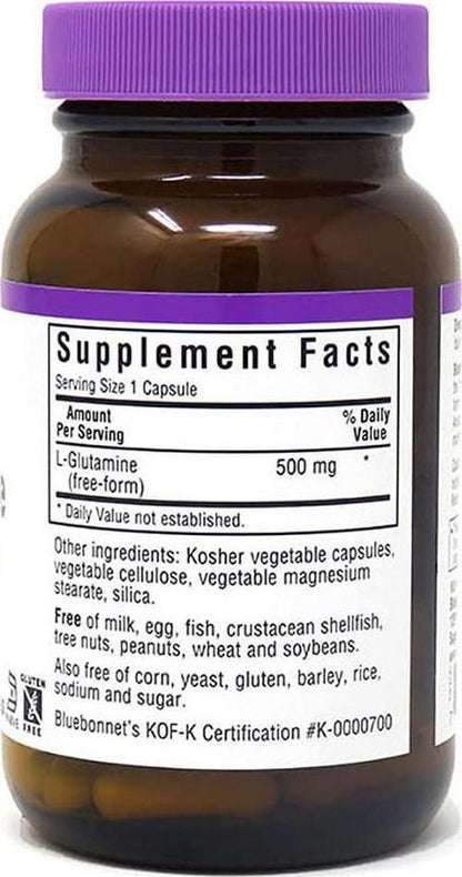 Bluebonnet Nutrition L-Glutamine 500mg, Supports Immune Function, Nitrogen Transporter, Soy and Gluten-Free, Non-GMO, Kosher Certified, Vegan, 50 Vegetable Capsules, White, 50 Count