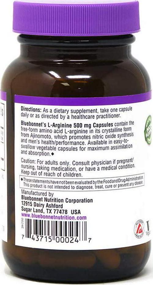 Bluebonnet Nutrition L-Arginine 500mg, Free-Form Amino Acid, Nitric Oxide Precursor, Soy-Free, Gluten-Free, Non-GMO, Kosher Certified, 50 Vegetable Capsules, 50 Servings